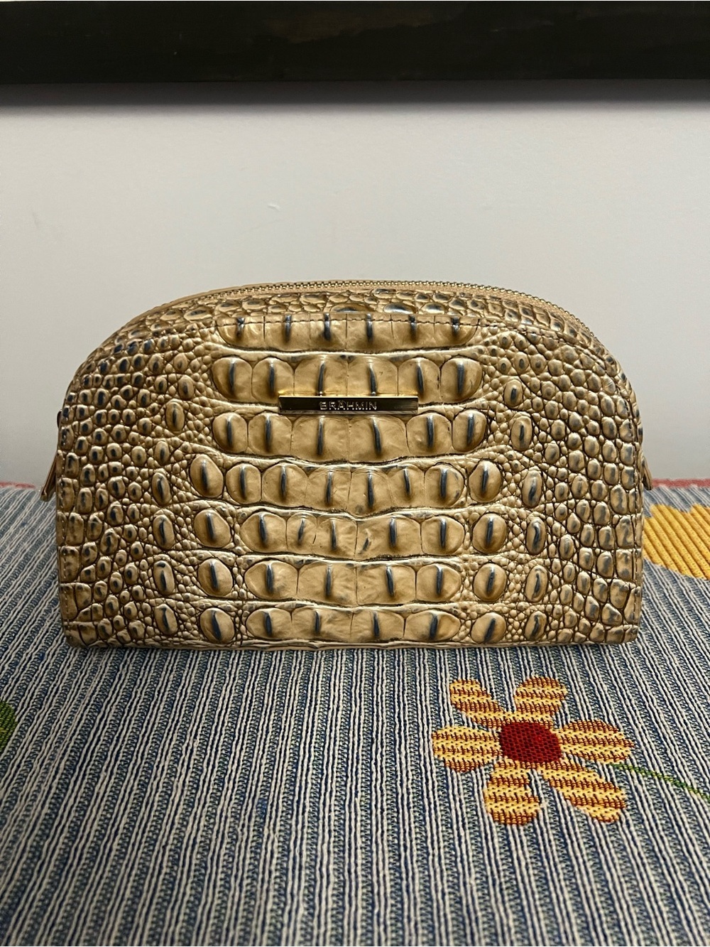 Brahmin Metallic Gold Croc-Embossed Leather Cosmetic Case